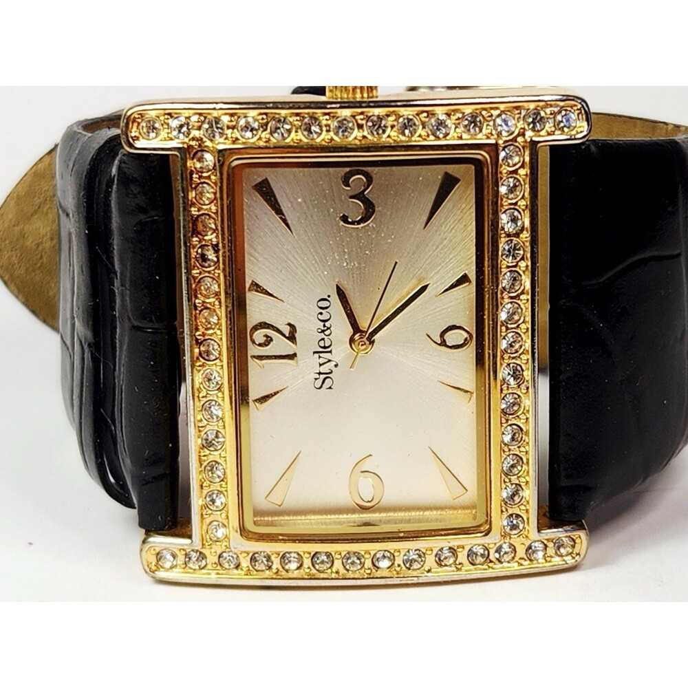 Vintage Style & Co Quartz Studded Face Watch Black Leather Band New Battery